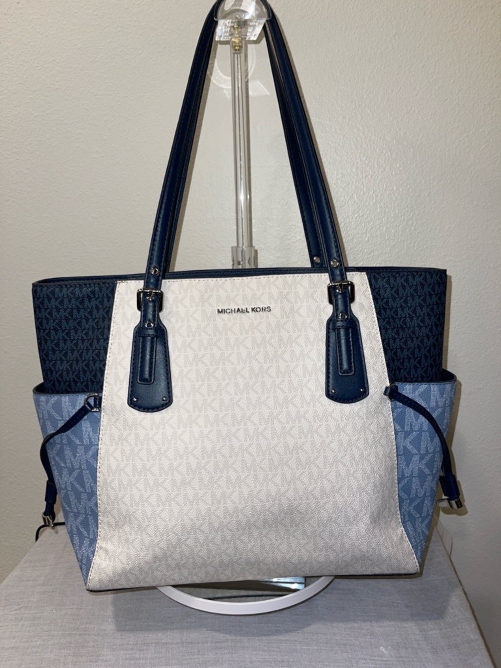 Michael Kors Tri-Tone MK Logo Tote in Navy, Light Blue & White SOLD